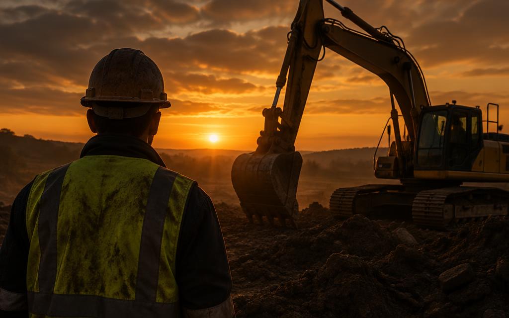 Operador de capacete e colete visto de costas observando uma escavadeira em terreno de trabalho ao pôr do sol.